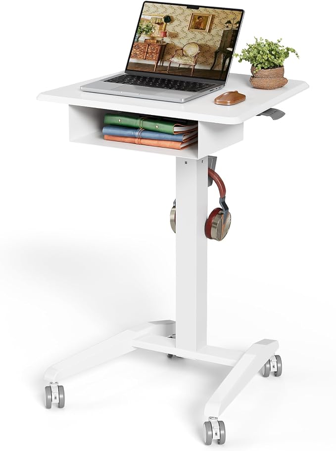 JOY worker Mobile Standing Desk with Drawer, 23.6" Small White Laptop Desk | Pneumatic Height Adjustable, Open Storage Shelf, 4 Lockable Wheels, Portable Sit Stand Desk, Home Office Teacher, Holds 22lbs by JOYworker