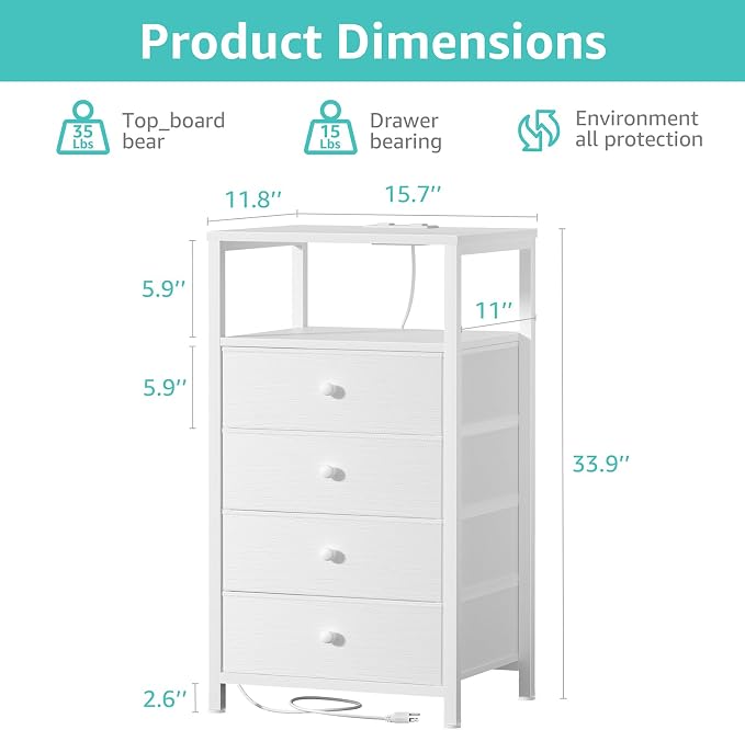 BOLUO Tall Night Stand with Drawers, White Nightstand with Charging Station and LED Light, Small White 4 Drawer Dresser for Bedroom, Room Storage Closet - Image 3