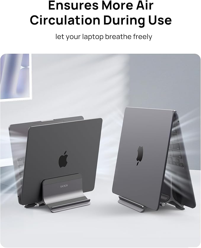 Vertical Laptop Stand for Desk, Aluminum Laptop Holder Compatible with MacBook Pro, MacBook Air Stand Up to 17 inch, Gravity Auto-Lock Cooling, 3in1 Space Saving Desk Organizer Accessories, Gray - Image 8