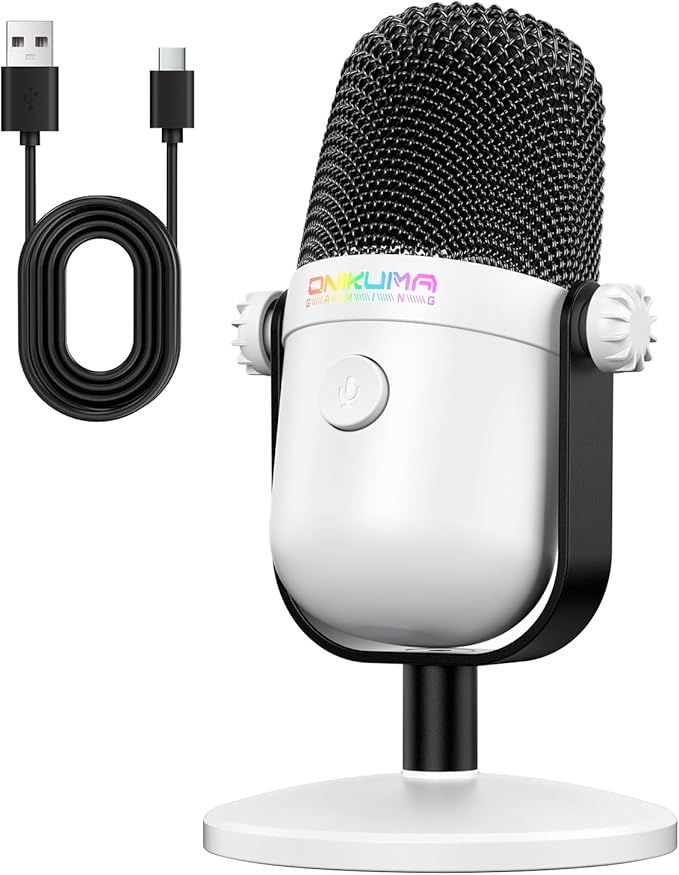 Gaming Microphone with Noise Cancellation & Mute Button, USB Condenser Mic for Streaming/Recording, Ultra-Compact Design, Compatible with PC/Mac/PS4/PS5, Podcast/YouTube/Twitch/Discord (White) by ONIKUMAGAMING