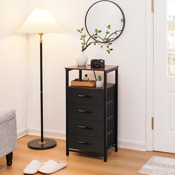 Yoobure Night Stand - LED Nightstand with Charging Station, Tall Nightstand for Bedroom, Bedside Table with 4 Fabric Storage Drawers and Storage Shelf, End Table with USB Ports and Outlets - Image 9