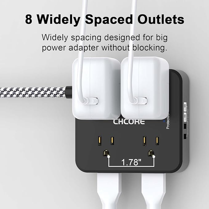 Surge Protector Power Strip - CHCORE 6Ft Braided Extension Cord with 8 Outlets with 4 USB (2 USB C) Charging Ports, Flat Plug Multi Plug Outlet Extender Charging Station for Home Office, ETL, Black - Image 3