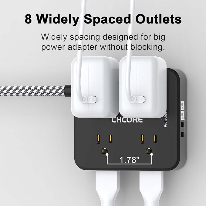 Surge Protector Power Strip - CHCORE 5Ft Braided Extension Cord with 8 Outlets with 4 USB (2 USB C) Charging Ports, Flat Plug Multi Plug Outlet Extender Charging Station for Home Office, ETL, Black - Image 4