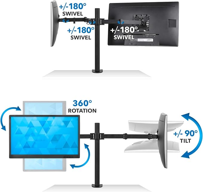 Mount-It! Dual Monitor Desk Stand, 19-32" Screens | Two heavy-duty height-adjustable arms with interchangeable C-clamp/grommet base, VESA 75/100 compatible. - Image 7