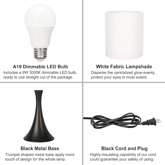 3 Way Touch Control Table Lamp, Modern Bedside Lamp for Bedroom, Dimmable Black Nightstand Lamp White Shade Desk Reading Light for Living Room Office Dorm, 3000K LED Bulb Included - Image 7
