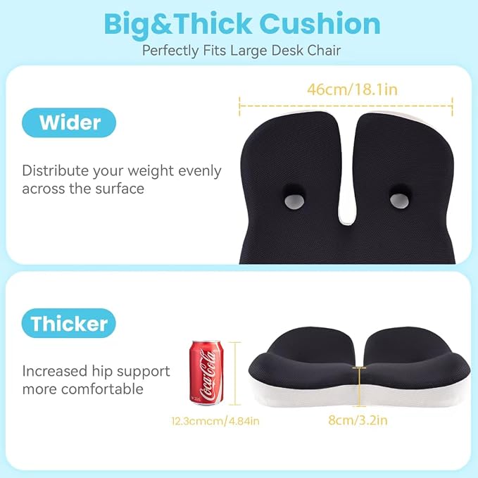 Seat Cushion, Memory Foam for Sit Bone and Back Pain Relief | Dual-Hole Ventilation, Coccyx,Sciatica and Tailbone Hip Relief ,Posture Support ,Office Chair and Car Seat,Home Use - Image 7