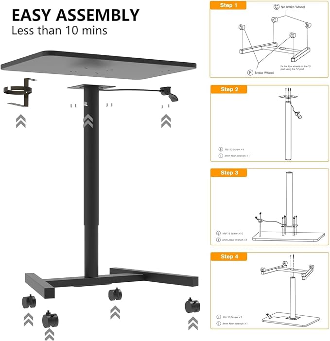 28-Inch Mobile Standing Desk, Computer Workstations with Cup Holder, Portable Standing Desk with Lockable Wheels, Rolling Table for Home Office Classroom Hospital (Jet - Black) - Image 7