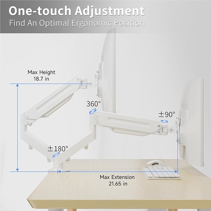 Suptek Monitor Mount Gas Spring Monitor Arm Desk Mount Fully Adjustable Fits 17 20 22 23 24 26 27 32 35 inch Monitors Weight Capacity up to 24.25 lbs, White - Image 5