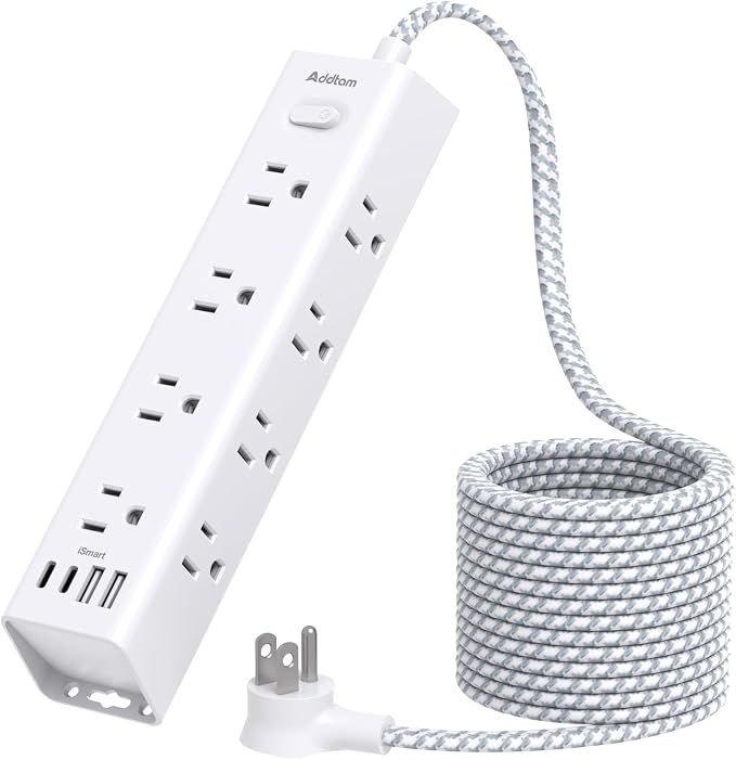 Power Strip Surge Protector with 12 AC Outlets 4 USB, 5FT Extension Cord | Flat Plug Wall Mount, 1050J Overload Protection, Desk Charging Station for Home Dorm Room Office Essentials, ETL Listed by Addtam