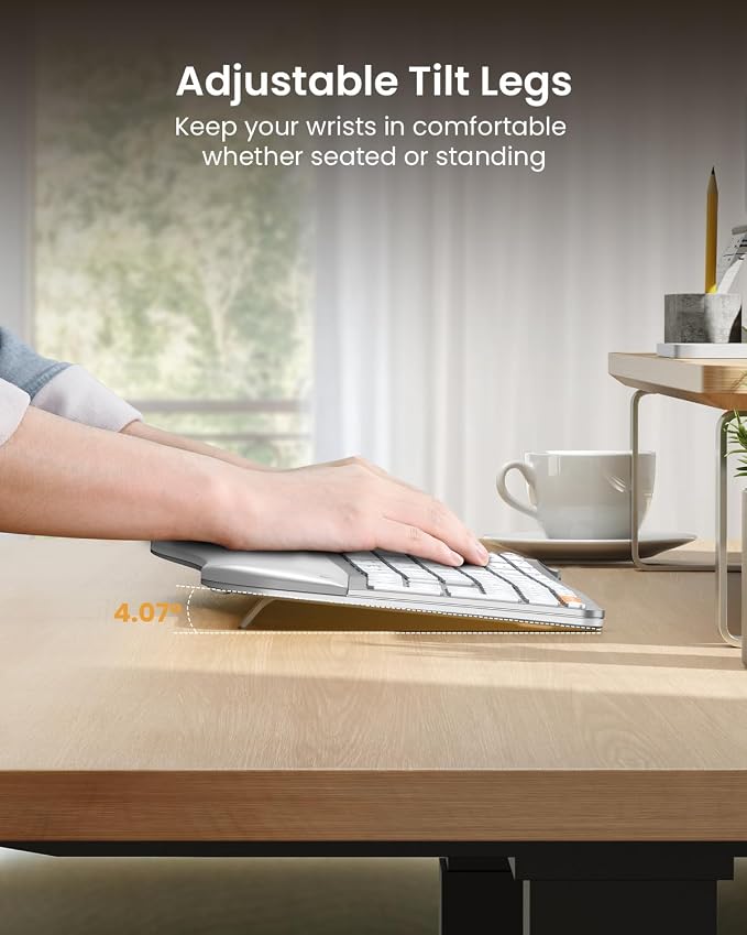 ProtoArc EK01 Plus Backlit Bluetooth Ergonomic Keyboard, White Silver | Adjustable brightness, split design, cushioned wrist rest, connect 3 devices via Bluetooth/2.4G, 2000mAh USB-C rechargeable. - Image 7