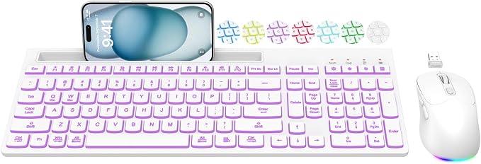 Wireless Keyboard and Mouse Combo, 7 Backlit Effects, Light Up Letters, Rechargeable, Phone Holder, 6 Button Mouse, Ergonomic Tilt Angle, 2.4GHz Silent USB Keyboard Mouse for Laptop, PC by EDJO