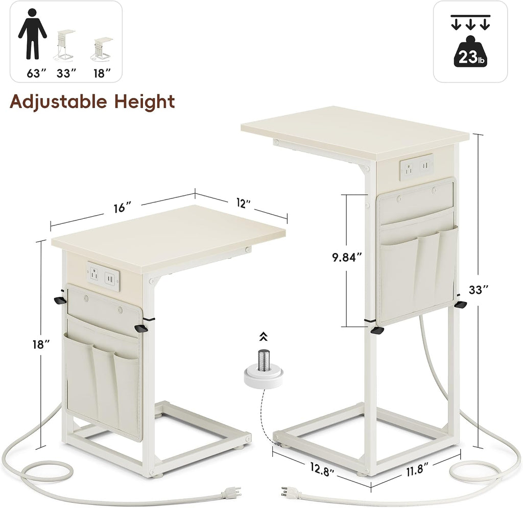 C Shaped End Table with Charging Station, Adjustable Height Side Table for Couch, Small Sofa Table C Table End Table, Slide Under Couch Table TV Tray Arm Table for Living Room, Bedroom, Cream - Image 3