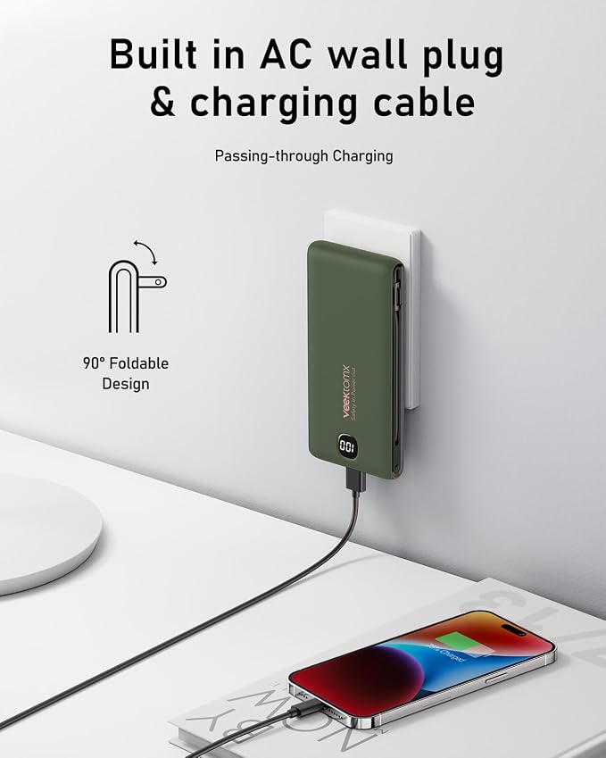 VEEKTOMX 10000mAh Portable Charger with Built-in Cables & Wall Plug | Fast Charging Slim USB-C Power Bank for iPhone, Samsung, iPad | 5 Outputs, Charges 4 Devices, ETL Certified, Green - Image 2