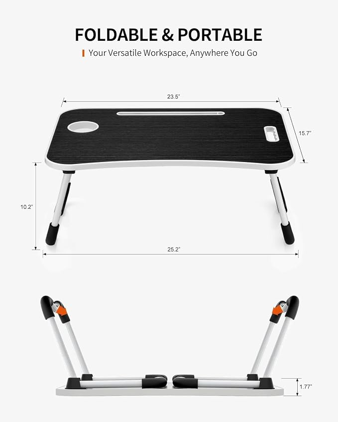 FISYOD Foldable Laptop Table, Portable Lap Desk Bed Table Tray, Laptop Stand with Cup Holder & Tablet Slot & Lifting Handle for Working Writing Drawing & Eating (Black Grain) - Image 2