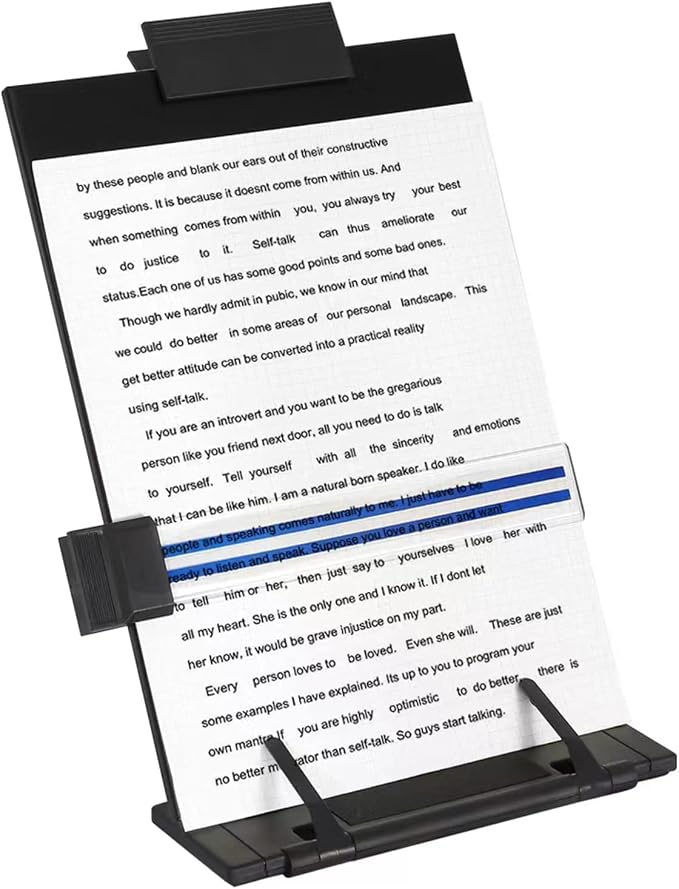 Desktop Document Holder Stand with 7 Adjustable Positions, Black Metal File Organizer Management Copyholder for Typing Speech Reading A4 Letter Music Book Tablet Office, with Paper Clip and Line Guide by OSPNIEEK