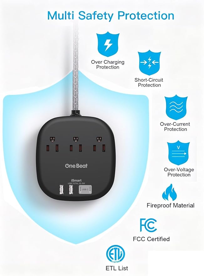 Cruise Ship Travel Essentials, 3Ft Short Extention Cord, 22.5W/4.5A, Black | 3 Outlets 4 USB Ports (2 USB C) Cruise Approved Power Strip Flat Plug No Surge Protection, Dorm Room Desktop Charging Station - Image 7