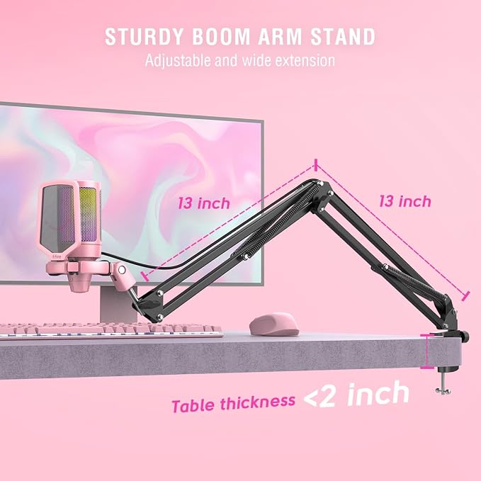 FIFINE A6T Pink Gaming USB Condenser Microphone Kit for Podcast Streaming | Mute Button, RGB Indicator, Gain Control, Boom Arm & Pop Filter, for PC/PS5/Mac Streaming Discord Twitch Podcasts - Image 6