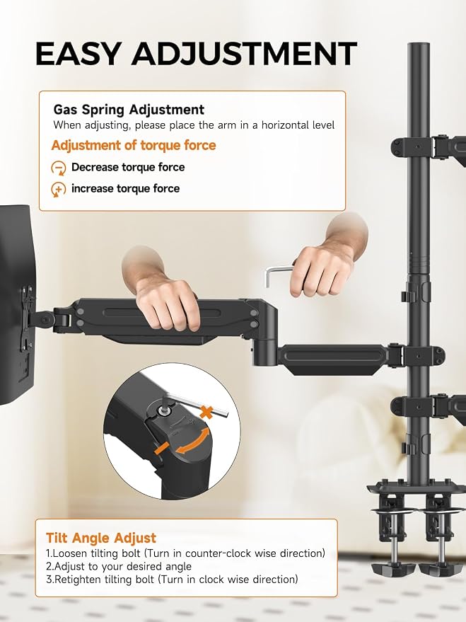 Triple Monitor Mount for Max 34" Screens, up to 24.25lbs Each, Full Adjustable 3 Monitor Desk Stand, Three Gas Spring Arm with Tilt Swivel Rotation, VESA 75x75/100x100mm, Black, MDX883B - Image 7