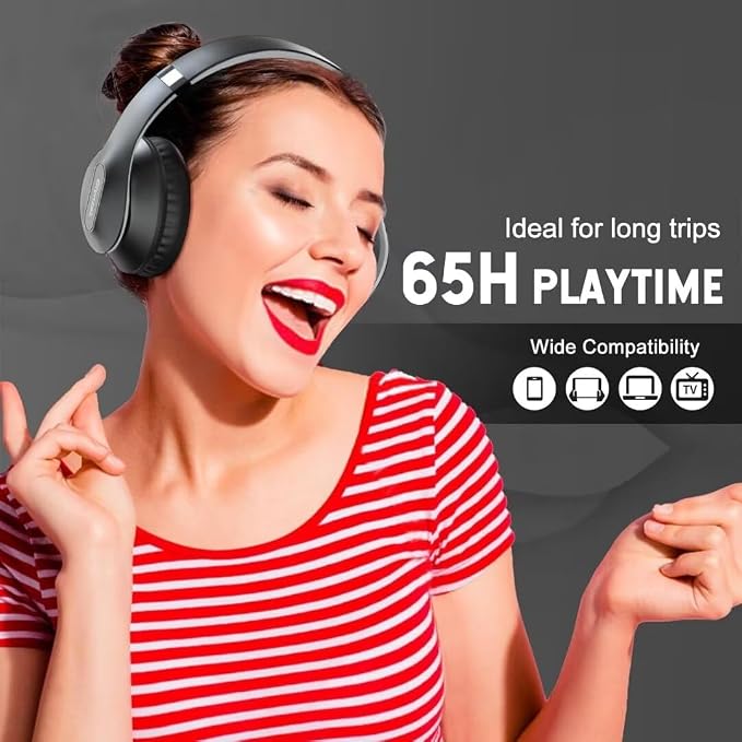 Wireless Bluetooth Headphones Over Ear V6.0 HiFi Stereo with Mic | 65H Playtime 6EQ Modes Foldable Bluetooth Headset with Microphone for Travel Smartphone Computer Laptop Grey - Image 4
