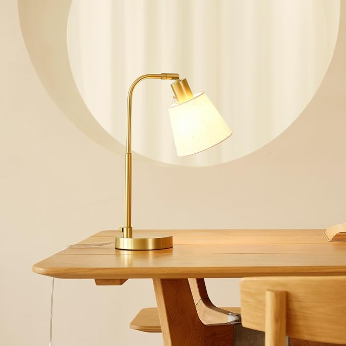 Globe Electric 61000057 16" Desk Lamp, Matte Brass Finish, White Shade, Adjustable Pivot Joint, Rotary Switch on Socket, Modern Lighting for Bedroom or Office, Indoor Lights, E26 Base - Image 2