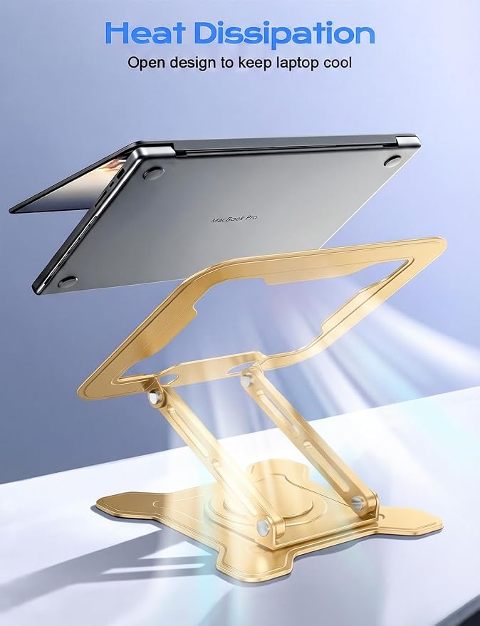 JCZT 360° Rotating Laptop Stand for Desk, Metal Foldable Laptop Riser Gold | Ergonomic Portable Adjustable Laptop Stand, Ventilated Cooling Notebook Holder for MacBook Air Pro, All 10-16'' Laptops - Image 7