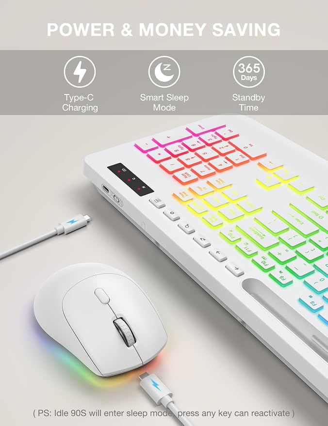 Wireless Keyboard and Mouse Combo - 9 Backlit Effects, RGB, 2.4Ghz | Ergonomic Wrist Rest, Phone Holder, Rechargeable, Full Size, KM22 MAX Silent Set for Computer, Laptop, Mac, Windows (White) - Image 4