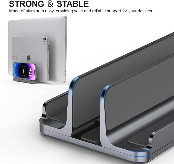 YICOSUN 3-Slot Aluminum Vertical Laptop Stand for Desk - Adjustable Width Dock for MacBook, Surface, Samsung, HP, Dell up to 17.3 inches - Space-Saving & Protective Design - Gray - Image 4