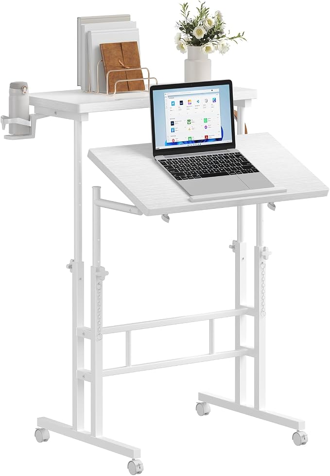 DUMOS Rolling Standing Desk, Sit Stand Desk, Computer Cart | Manual Height Adjustable, Split Top Mobile, Laptop Workstation, Portable Home Office, Walking Pad Study Surface, Modern White by DumosLifestyle