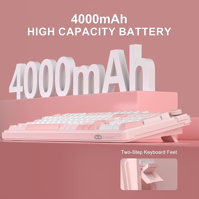 MageGee GK960 Wireless Keyboard, 98 Keys Tri-Mode BT/2.4G/Wired Membrane Gaming Keyboard, RGB Creamy Keyboard with Number Pad, Knob Control, 4000mAh Battery - Sakura Pink - Image 5