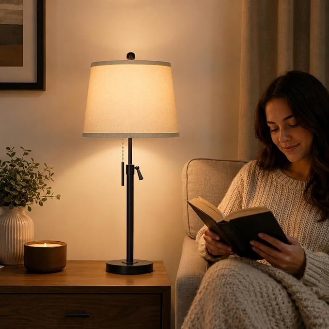 Black Bedside Lamp Tall Table Lamp 22" to 30" Adjustable Height 3 Brightness Way Nightstand with Beige Linen Shade Pull Chain Pole Lights for Living Room Guest Bedroom End Table(Bulb Included, Single) - Image 7