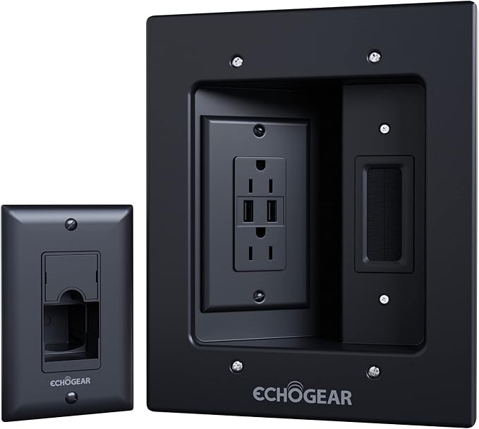 ECHOGEAR TV Cord Hider for Wall Mounted TV with 2X AC Outlets & 2X USB-A Ports - Hide Power Cables & Low Voltage Wires Behind The Wall - Includes Template, Saw, & Low Profile Extension Cord - Black by ECHOGEAR