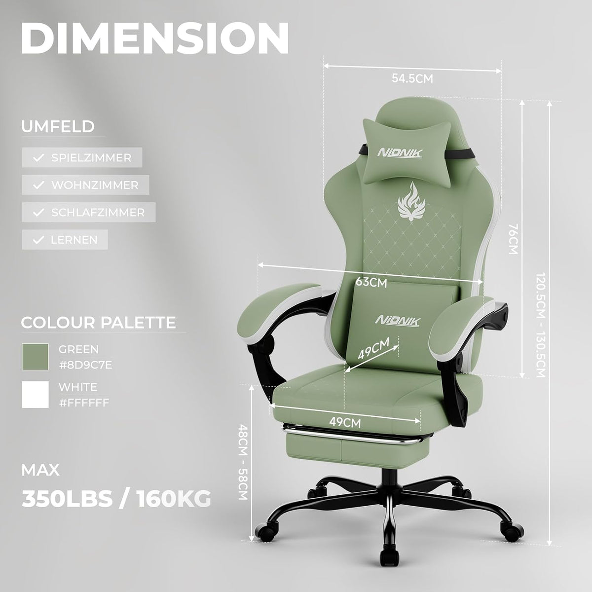 Gaming Chair with Massage,Ergonomic PC Gaming Chair Computer Chairs with Footrest Comfortable Headrest and Lumbar Support, High Back GREENWHITE - Image 4