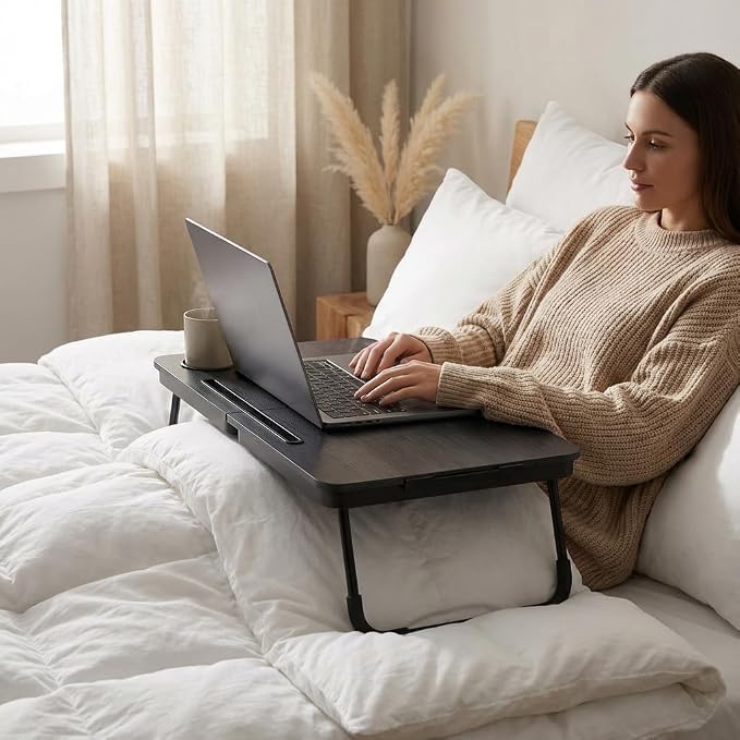 BUYIFY 23.4" Foldable Lap Desk Bed Table with Cup Holder Tray Black | Portable Folds Flat for Easy Storage, No Assembly Laptop Bed Desk, Sturdy and Lightweight, Patent Design - Image 5