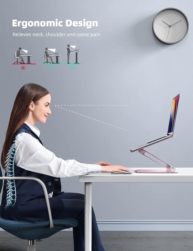 Lamicall Adjustable Laptop Stand for Desk for MacBook Air Pro HP 10-17.3'' | Aluminum Computer Notebook Holder, Portable Laptop Riser, Foldable Ergonomic Office Desk Accessories for Dell XPS Pink - Image 2