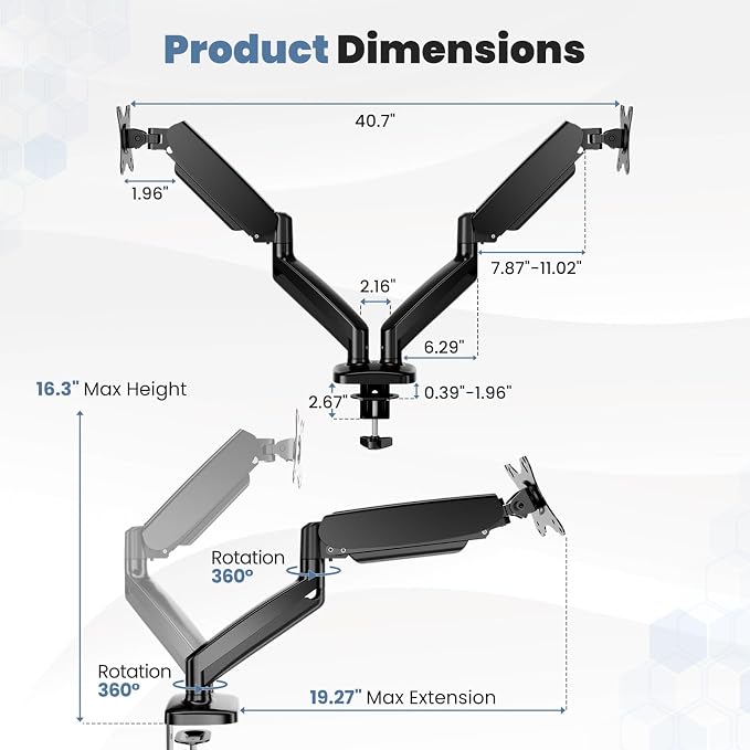 OLIXIS Dual Monitor Stand for Desk, Gas Spring Monitor Arm for 2 Monitors Max 32 Inches, Fully Adjustable Double Mount, VESA Mount with C-Clamp/Grommet Base, Holds Screen 17.6 lbs - Image 8