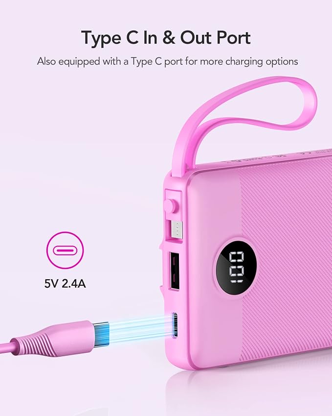 VRURC Portable Charger Power Bank, Built-in 4 Cables & 2 Ports 10000mAh | LED Display Slim Battery Pack,Compact Travel Essential Portable Phone Charger 5 Output for Multi Devices,Student/Teens(1Pack) - Image 3