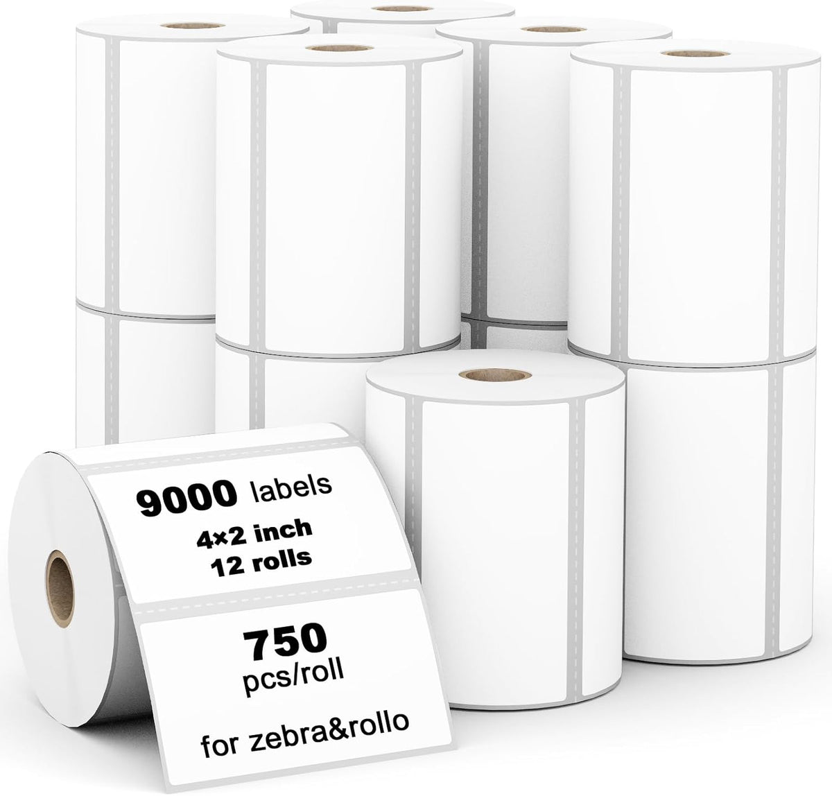 (9,000 Labels/12 Rolls) Labelebal 3-Proof 1" Core 12 Rolls 4" x 2" Inch Direct Thermal Labels, Address Shipping Labels Compatible with Rollo & Zebra Desktop Printers Adhesive by Labelebal