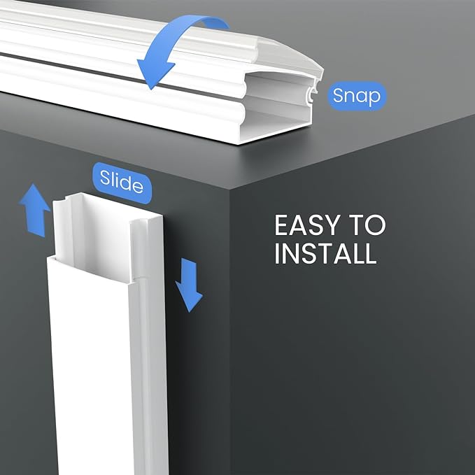 EVEO Cable Hider Wall 306” - Cable Raceway Cord Hider - Wire Covers for Cords on Wall, Cord Cover, Wall Cable Hider, Cable Concealer, Wire Hiders for TV on Wall Management-20X (L16 W0.95 H0.5) - White - Image 5