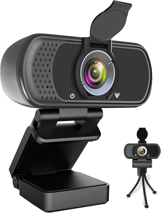 1080P Webcam with Mic Privacy Cover Tripod Stand 110 FOV PC | 1080P webcam with built-in microphone, privacy cover, tripod stand, 110 degree wide angle, USB plug and play for PC laptop by HZQDLN