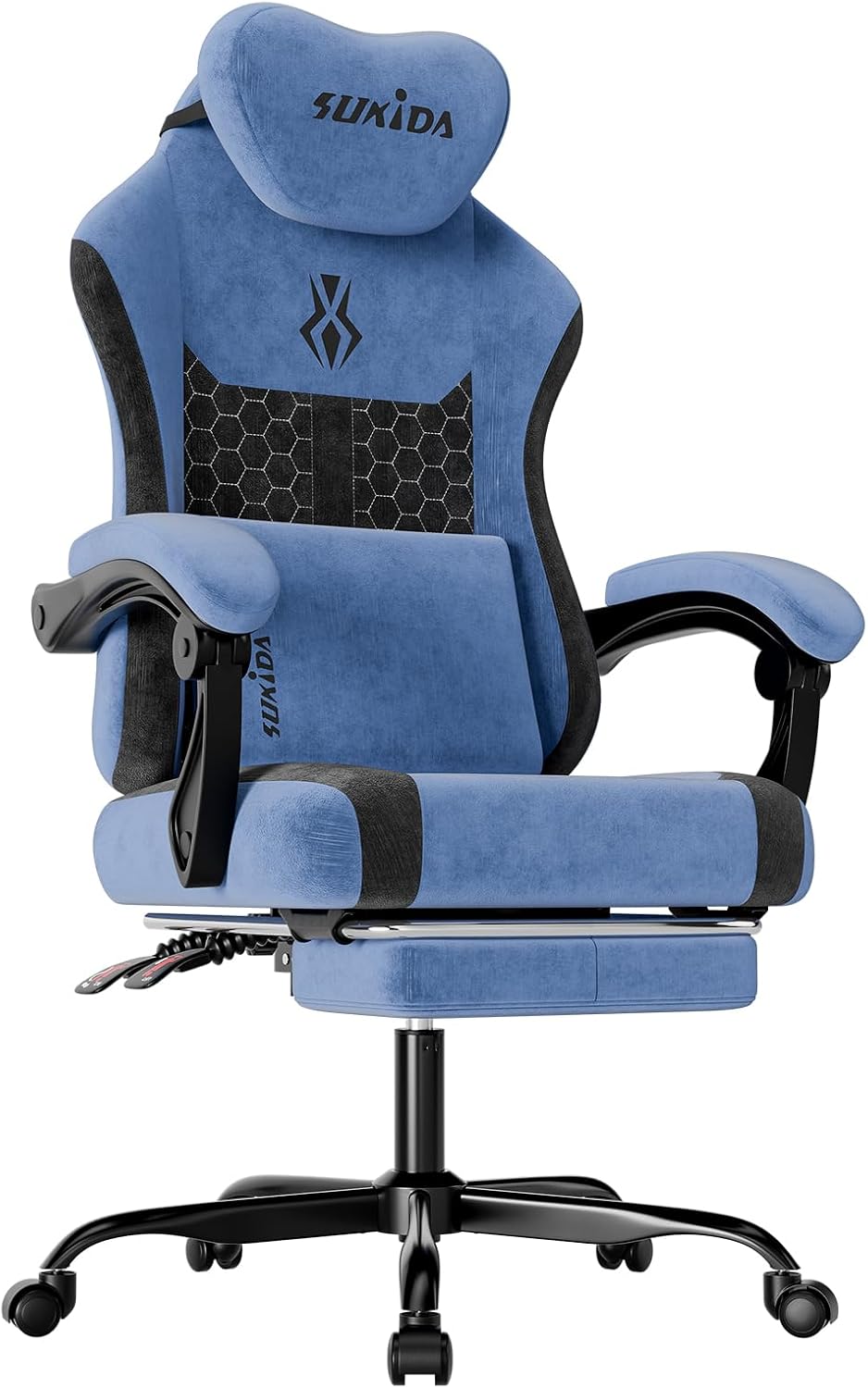 SUKIDA Fabric Video Gaming Chair, Ergonomic High-Back Computer Game Chairs with Large Massage Adjustable Lumbar Support, Headrest and Linked Armrests for Long Hours Sitting Task Chair, Black Blue by SUKIDA