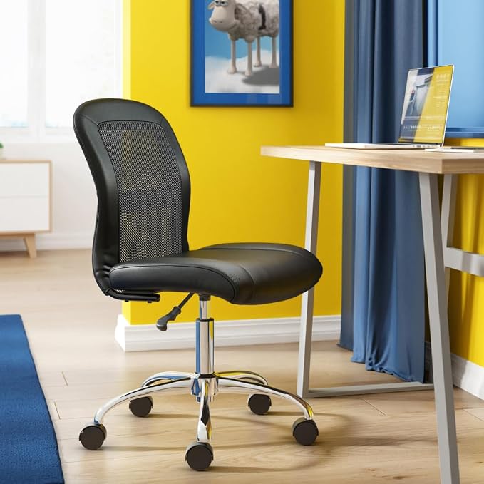 Serta Essential Armless Task Chair, Small Desk Chairs with Wheels, Breathable Mesh Back and Faux Leather, Quality Foam Cushion Seat for Comfort, Minimal Design for Vanity Table, Black - Image 2