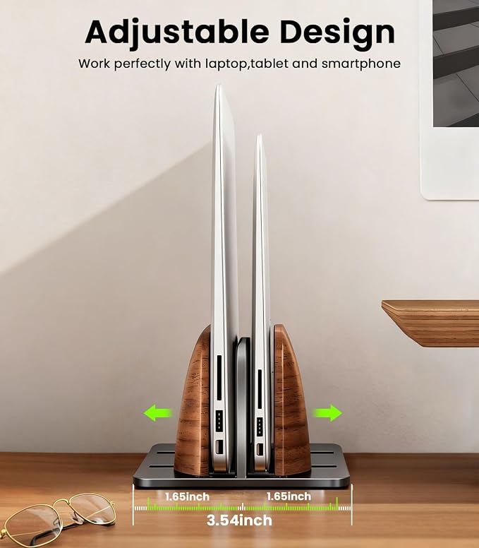 LOXP Vertical Laptop Stand, Dual Slot Wooden + Aluminum Laptop Holder | Desktop Adjustable MacBook Stand, Adjustable Base, for MacBook Pro/Air, (up to 17.3-inch All laptops) - Image 3