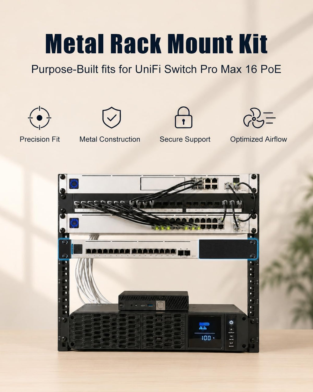 19 Inch 1U Rack Mount Fit for UniFi Switch Pro Max 16 PoE, Metal Shelf Tray - Image 2