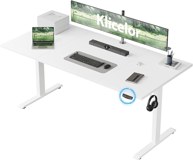 Klicelor 63 Inch Large Electric Standing Desk, Height Adjustable Office Desk, Sit Stand Up Computer Gaming Desk with Memory Preset, Three-Piece Desktop, White by Unknown