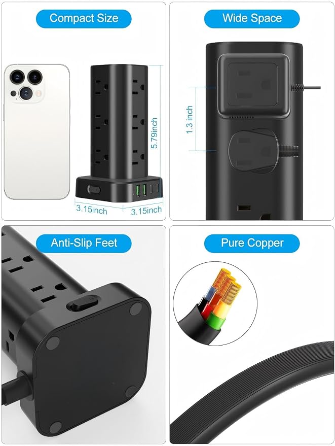 Tower Power Strip with Surge Protector - 12 AC Outlets & 4 USB Ports (2 USB-C), 6FT Extension Cord, Charging Station Tower for Home Office Dorm Travel (Black) - Image 5