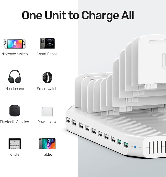 Unitek 96W 10-Port USB iPad Charging Station with Quick Charge 3.0 | For Multiple Devices, Charges 8 IPads At Once, BC1.2 Technology, Upgraded Adjustable Dividers, UL CE FCC RoHS Certified - Image 4
