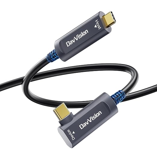 USB C Fiber Optic Cable Right Angle 50 FT, 10Gbps USB 3.2 Gen2 Active USB C Cable(No Power), Ultra Slim & Long Distance for Business Solution,Logitech 4K Camera,VR/AR,Video Conference by DavVision