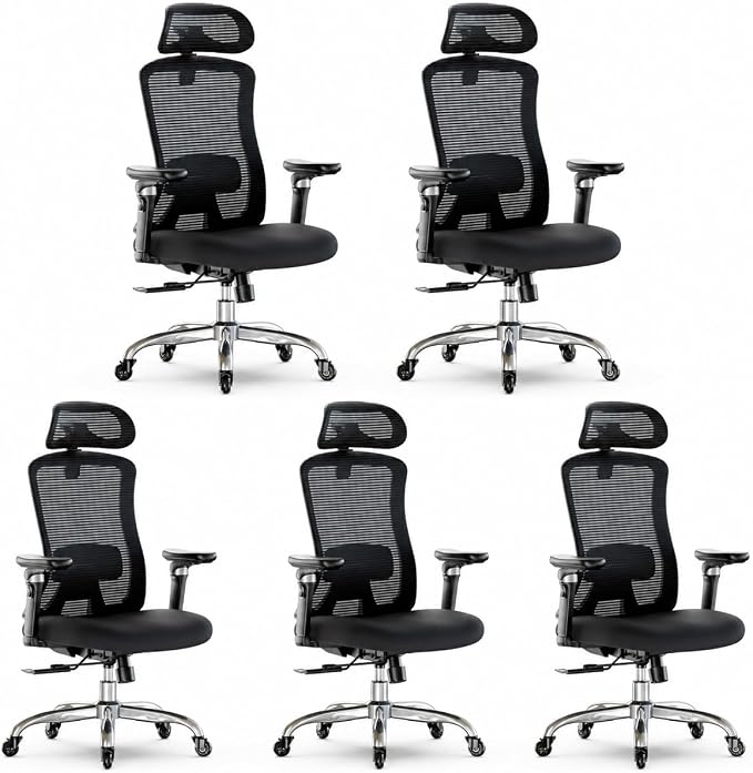 Marsail Ergonomic Office Chair with 6D Armrests, 3D Adjustable Headrest, Slide Seat, Lumbar Support, and 4-Position Tilt Lock – Big and Tall Office Chair with 330 lbs Capacity, Pack of 5 by Marsail