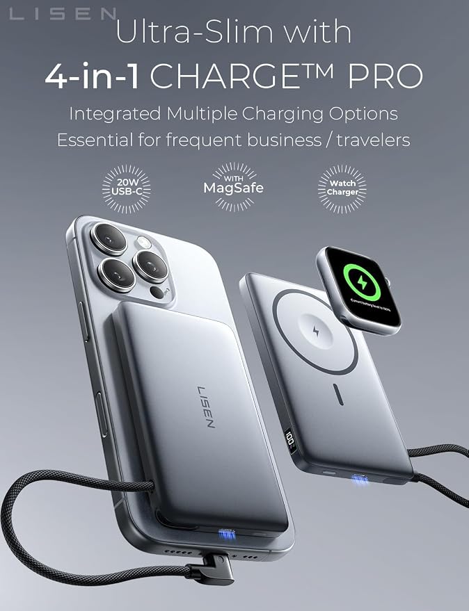 LISEN 0.5'' Ultra Slim MagSafe Power Bank for iPhone and Apple Watch,10000mAh MagSafe Battery Pack,Alloy Magnetic Portable Charger for iPhone 16 Pro Max Plus/15, Apple Watch S11 /S10 S9 SE，Grey - Image 2