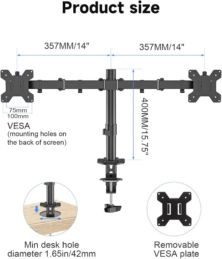 Suptek Dual Monitor Desk Mount, Adjustable Dual Monitor Arm for 2 Computer Screens up to 27 inch, Dual Gas Spring Monitor Arm, Holds up to 22 lbs Each, VESA 75x75/100x100 mm, Black (MD9442) - Image 3